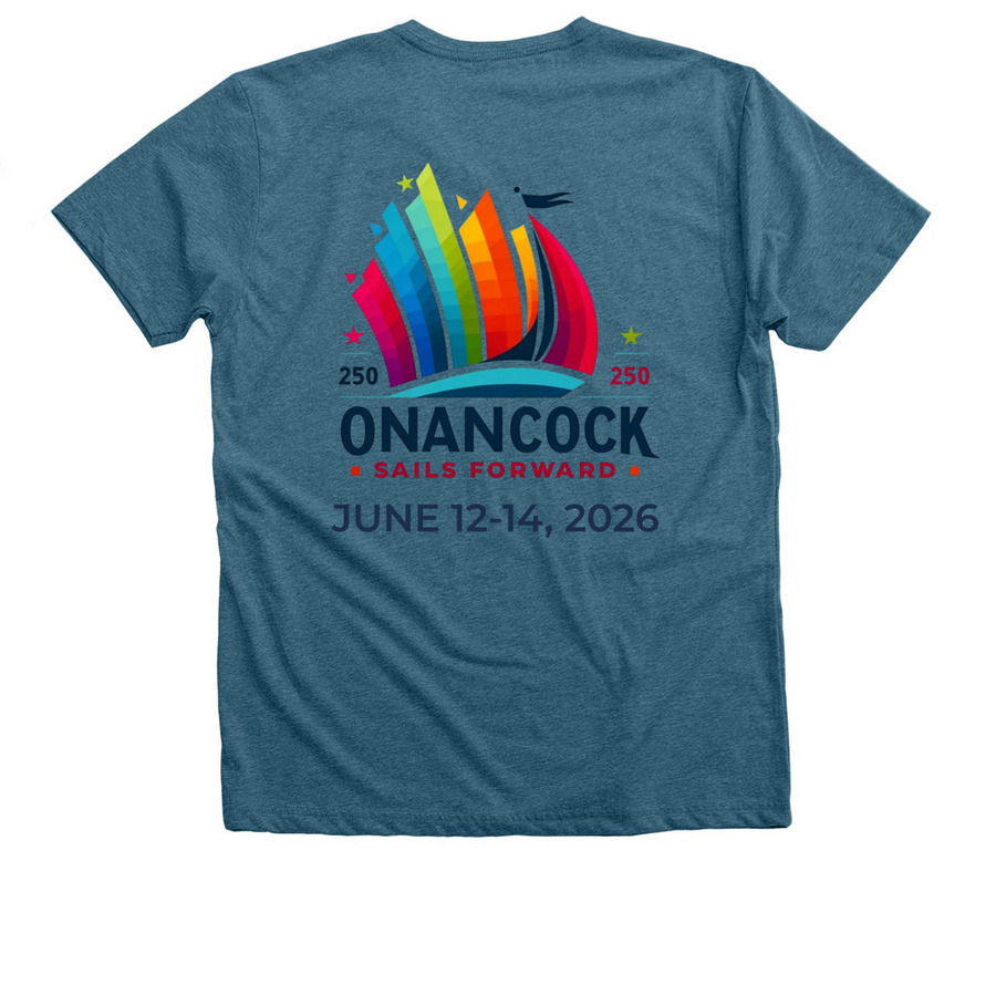 Onancock Sail 250 Shirts Logo on the Back, a Heather Deep Teal Premium V-Neck Tee (back-view)