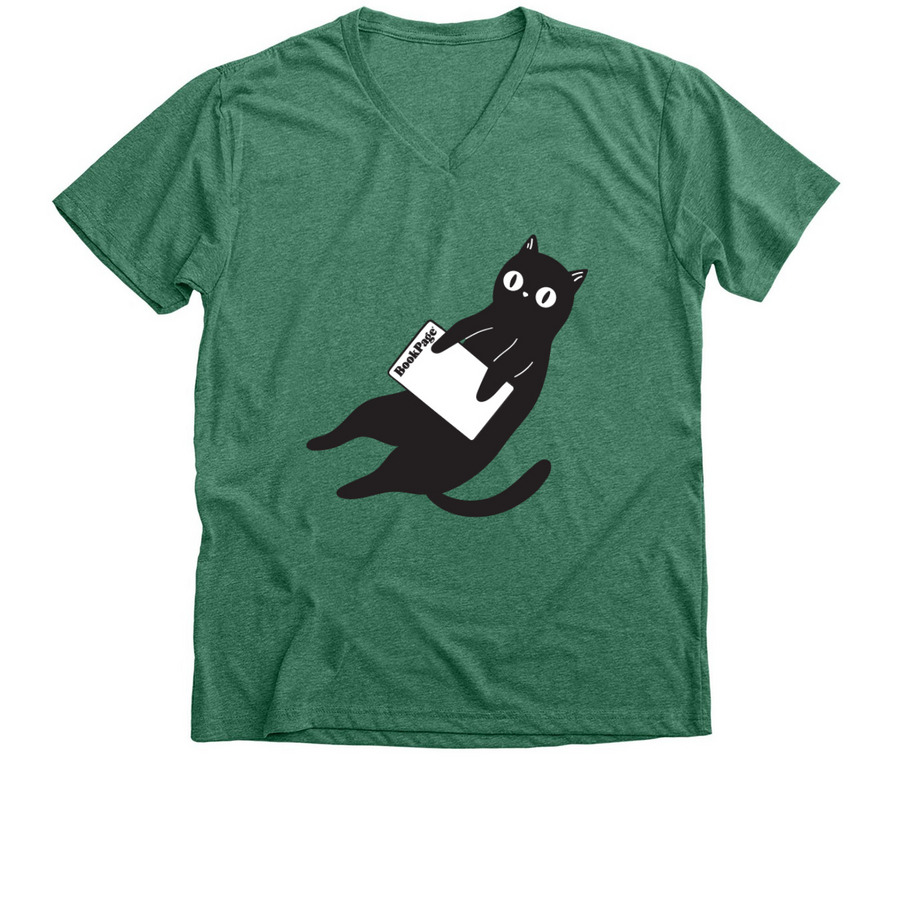 Black Cat Reads Unisex Tee (adult & youth), a Heather Grass Green Premium V-Neck Tee