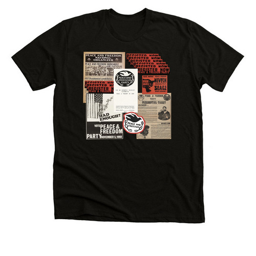 Peace and Freedom Party History Collage Top, a Black Heather Premium Unisex Tee