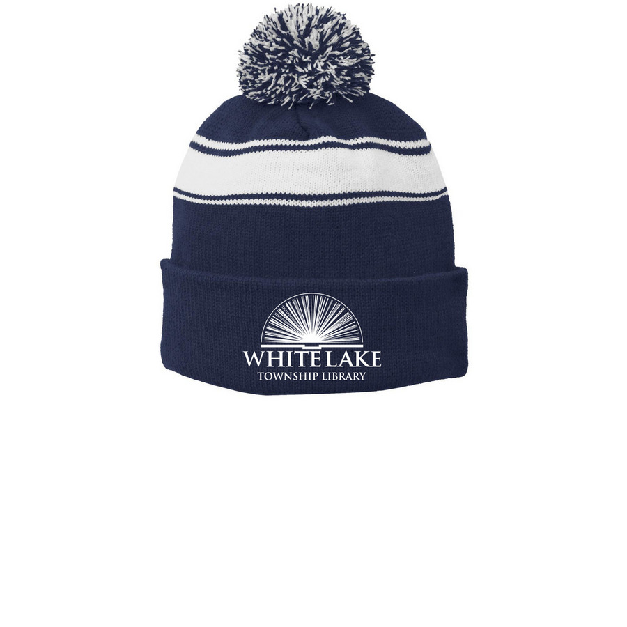 WLTL Beanies, a True Navy/ White Printed Stripe Pom-Pom Beanie
