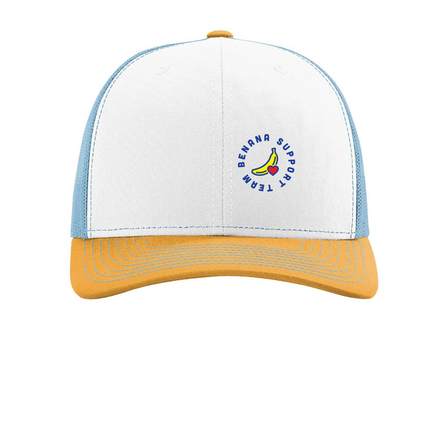 Benana Support Team Hat, a White/ Columbia Blue/ Yellow Printed Snapback Trucker Cap