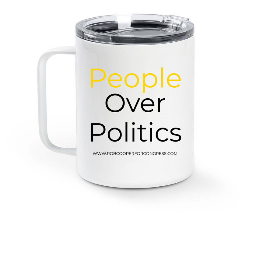 People Over Politics Travel Mug, a White Stainless Steel Travel Mug (back-view)