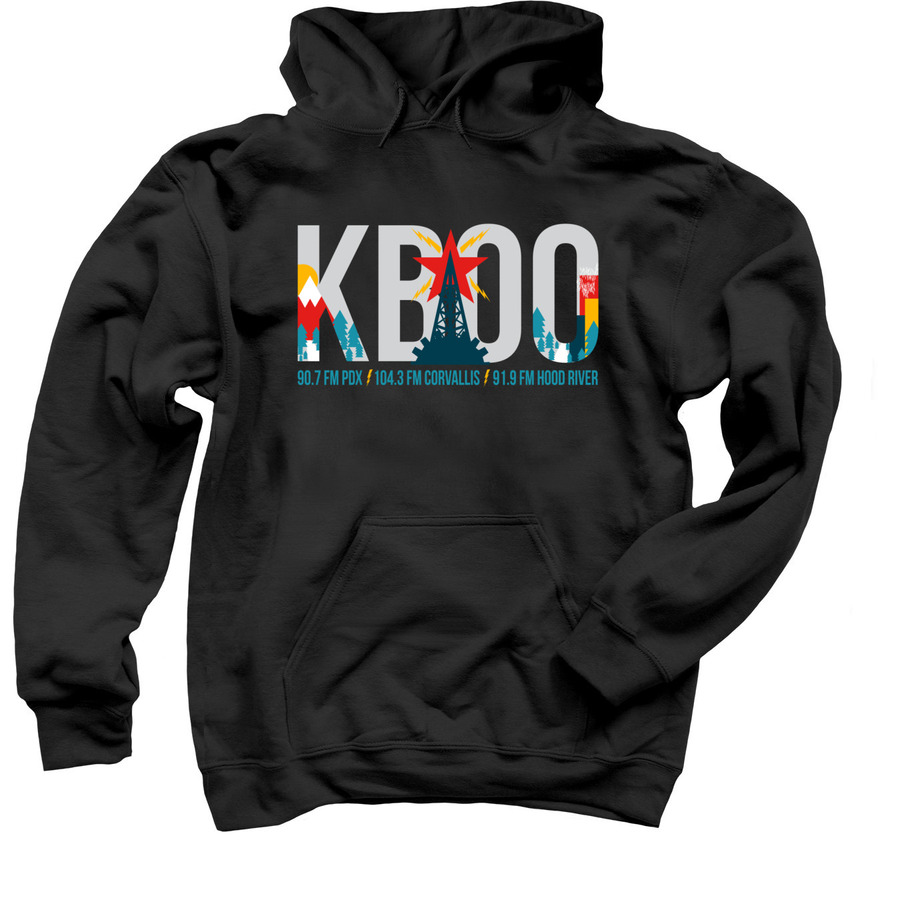 KBOO Pullover: Deco Logo, a Black Pullover Hoodie