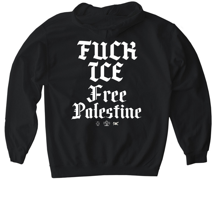 F ICE FREE PALESTINE, a Black Gildan Softstyle Pullover Hoodie (back-view)