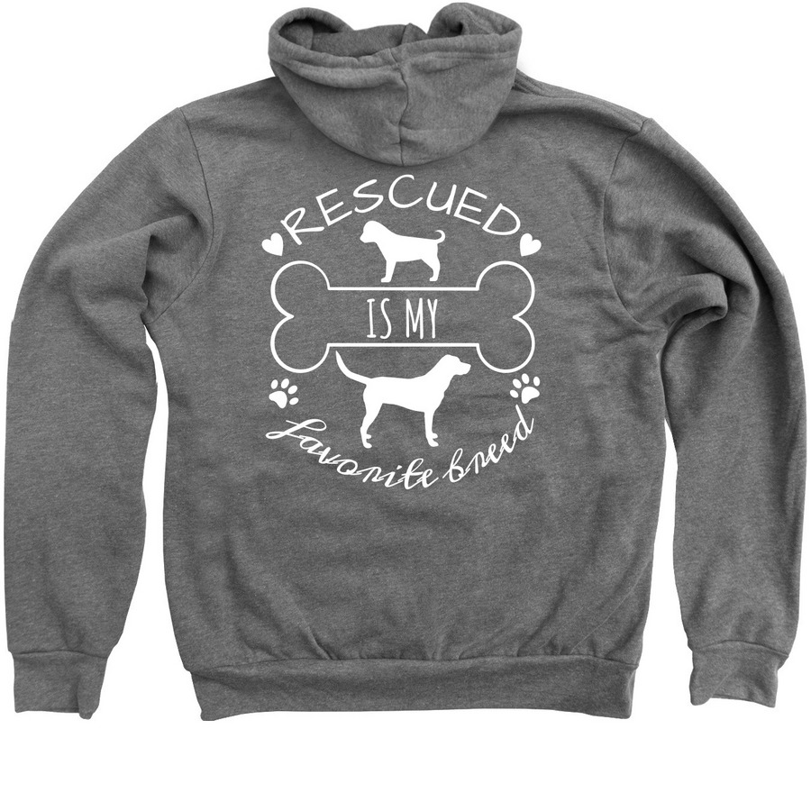 Rescued is my Favorite Breed Zip Up, a Deep Heather Zip Up Hoodie (back-view)