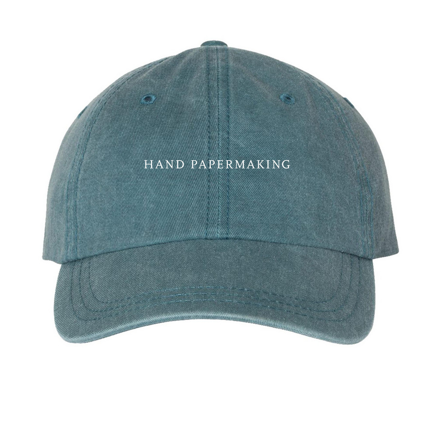 Hand Papermaking Hat, a Teal Printed Pigment Dye Baseball Cap