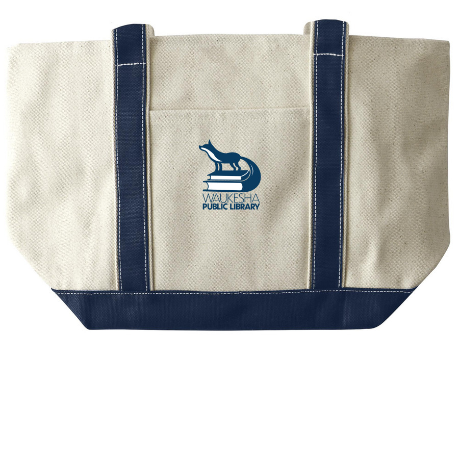 Waukesha Public Library Tote Bag, a Natural/Navy Large Two-Tone Canvas Tote Bag