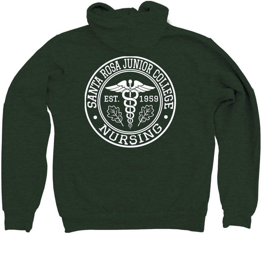 SRJC Nursing Caduceus (Front & Back), a Heather Forest Zip Up Hoodie (back-view)