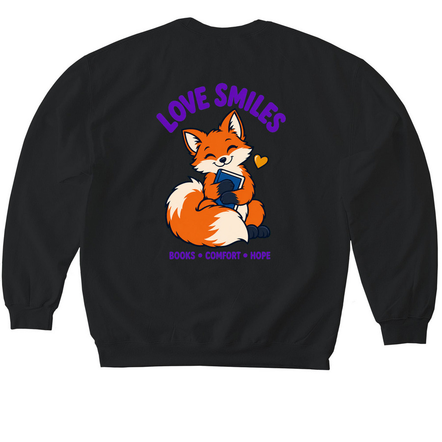 Love Smiles: Books, Comfort & Hope, a Black Softstyle Crewneck Sweatshirt (back-view)