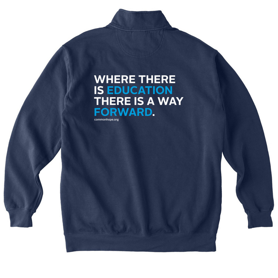 Where There Is Education Pullover, a True Navy Comfort Colors Quarter Zip Pullover (back-view)
