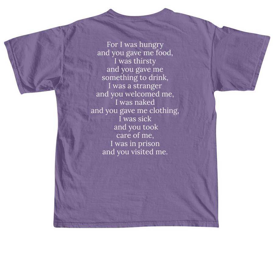 Matthew 25 Tee, a Grape Comfort Colors Unisex Tee (back-view)