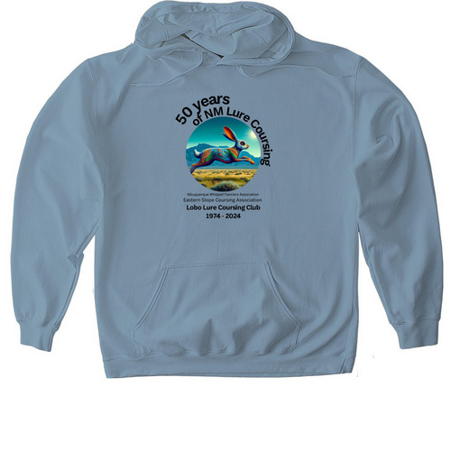 Celebrate 50 years of NM Lure Coursing!, a Stone Blue Gildan Softstyle Pullover Hoodie