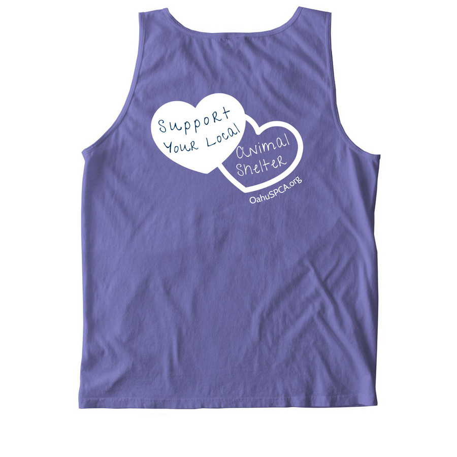 Oahu SPCA Hearts- The Cool Colors, a Violet Comfort Colors Tank Top (back-view)