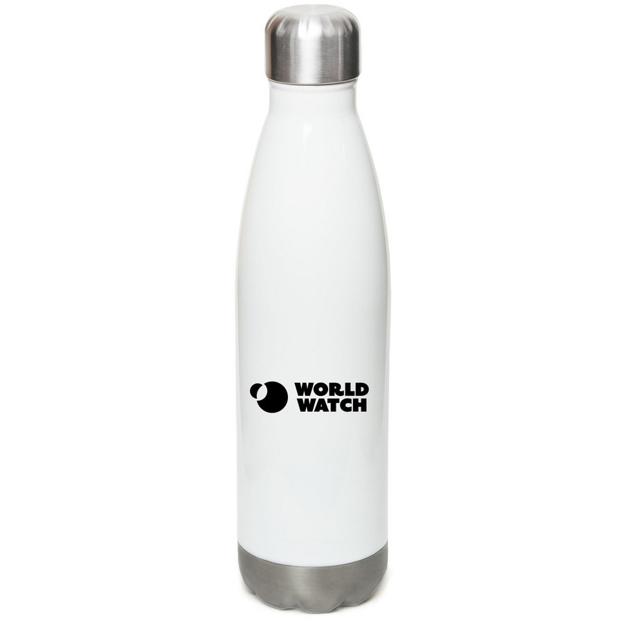 World Watch Logo Water Bottle, a White Stainless Steel Water Bottle