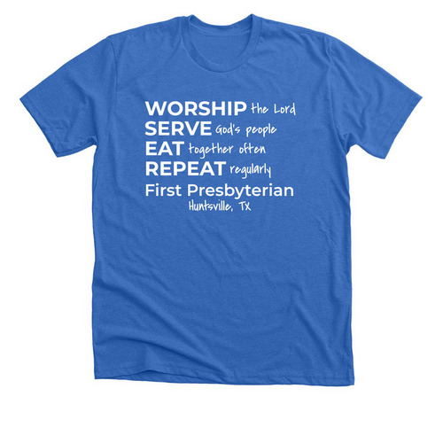 FPC Worship, Serve, Eat, Repeat, a Heather True Royal Premium Unisex Tee
