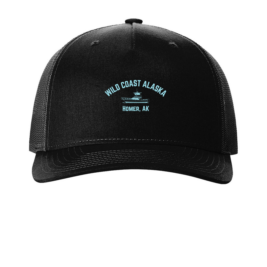 Trucker Hats Aqua Series, a Black Printed Five-Panel Trucker Cap