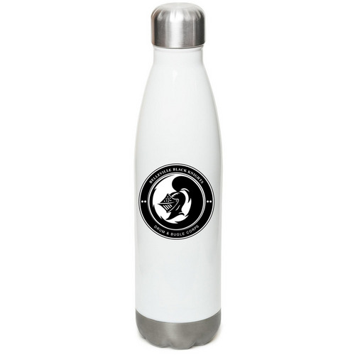 Black Knights Steel Water Bottle (70's Logo), a White Stainless Steel Water Bottle