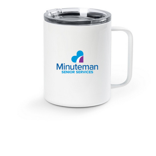 Minuteman Senior Services Travel Tumbler, a White Stainless Steel Travel Mug