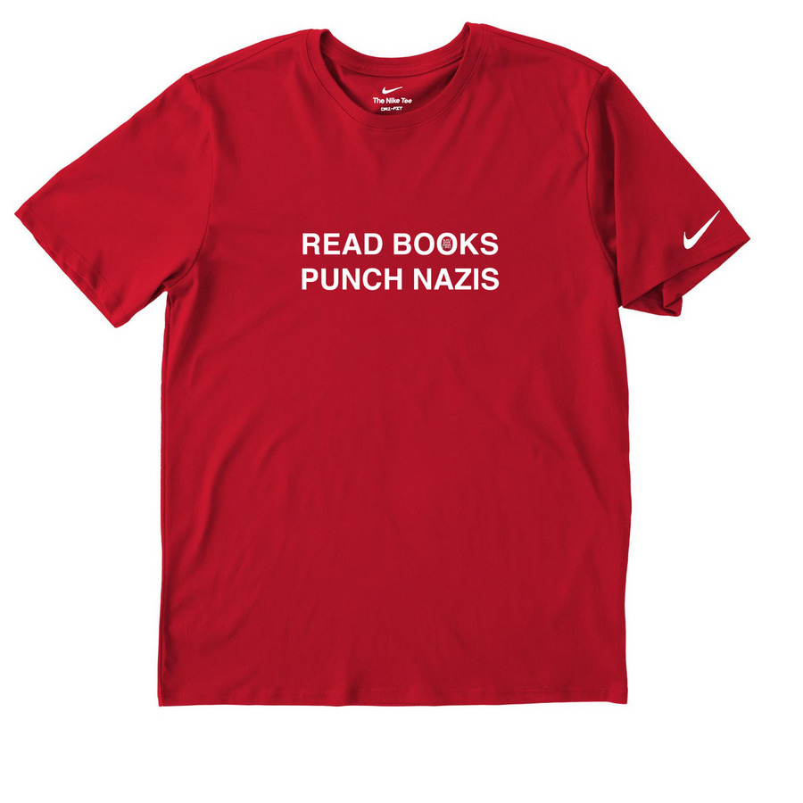 Just Read Books Punch Nazis, a University Red Nike Dri-FIT Jersey Blend Performance Tee