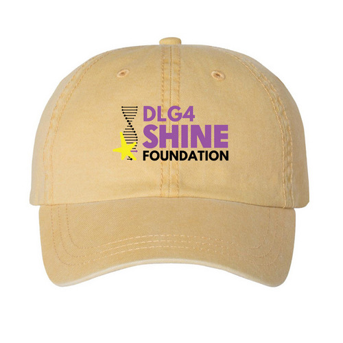 DLG4 SHINE Foundation hats (full colour logo), a Mustard Printed Pigment Dye Baseball Cap