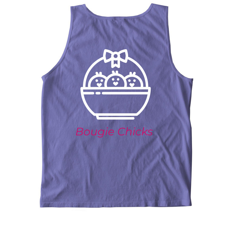 Bougie Chicks, a Violet Comfort Colors Tank Top (back-view)