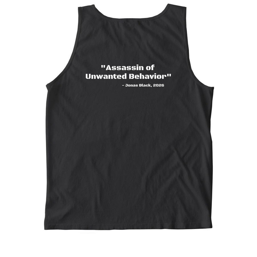 Assassin of Unwanted Behavior, a Black Comfort Colors Tank Top (back-view)