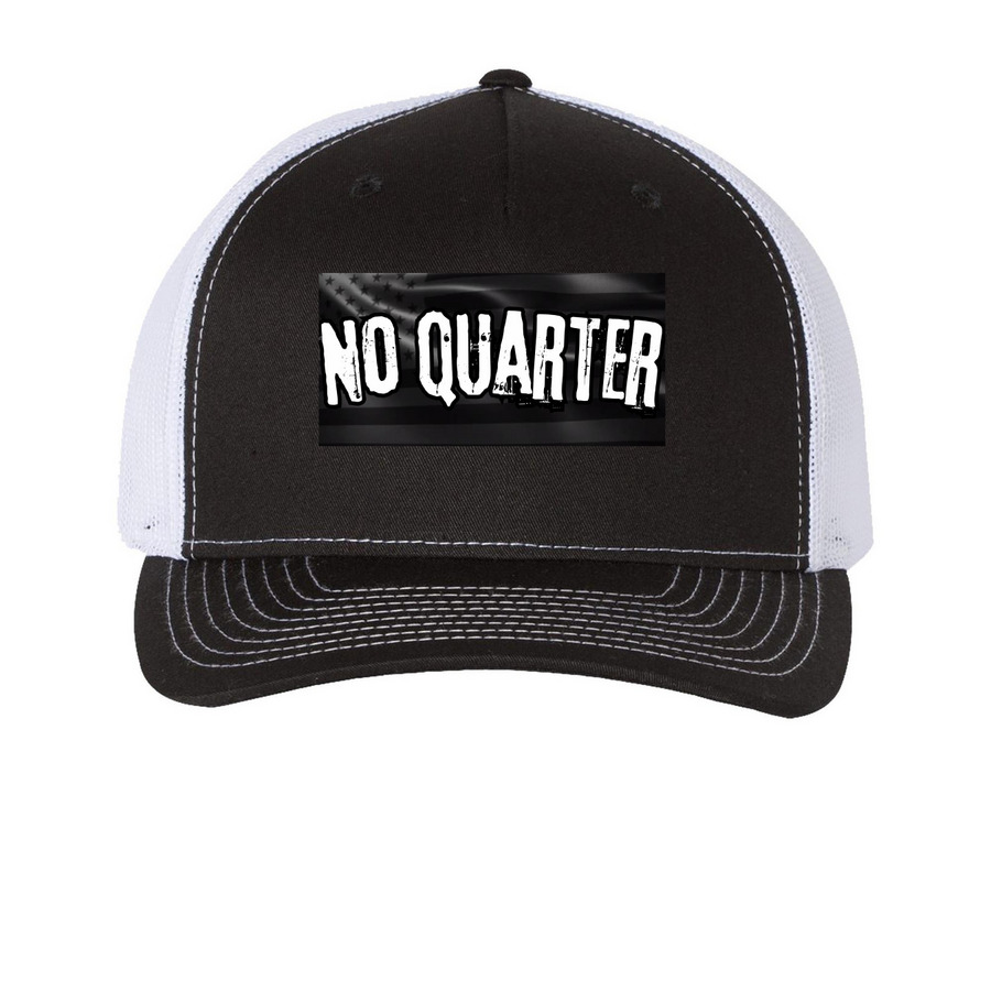 No Quarter Trucker, a Black/ White Printed Five-Panel Trucker Cap