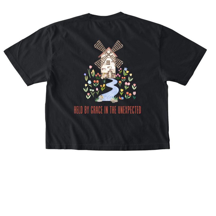 Held by Grace in the unexpected, a Black Comfort Colors Boxy Tee (back-view)