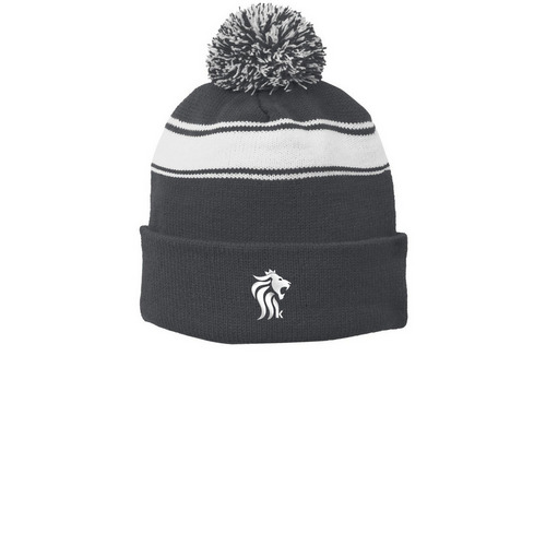 Lion Kingdom Beanies&nbsp;, a Iron Grey/ White Printed Stripe Pom-Pom Beanie