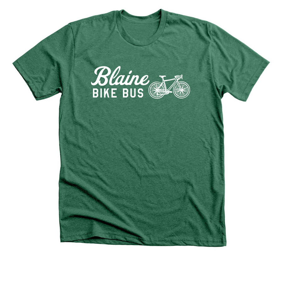 Blaine Bike Bus White, a Heather Grass Green Premium Unisex Tee