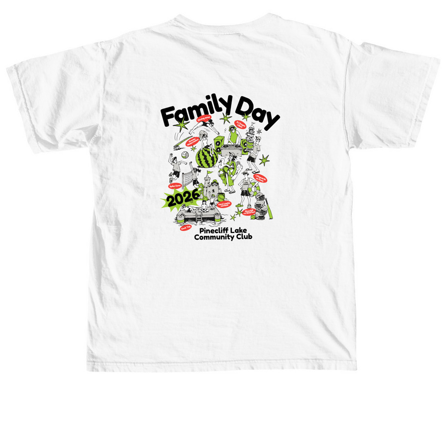 Pinecliff Lake Family Day 2026, a White Comfort Colors Unisex Tee (back-view)