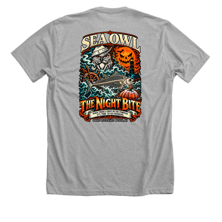SeaOwl-Frost on pumpkin, a Athletic Heather Premium Unisex Tee (back-view)