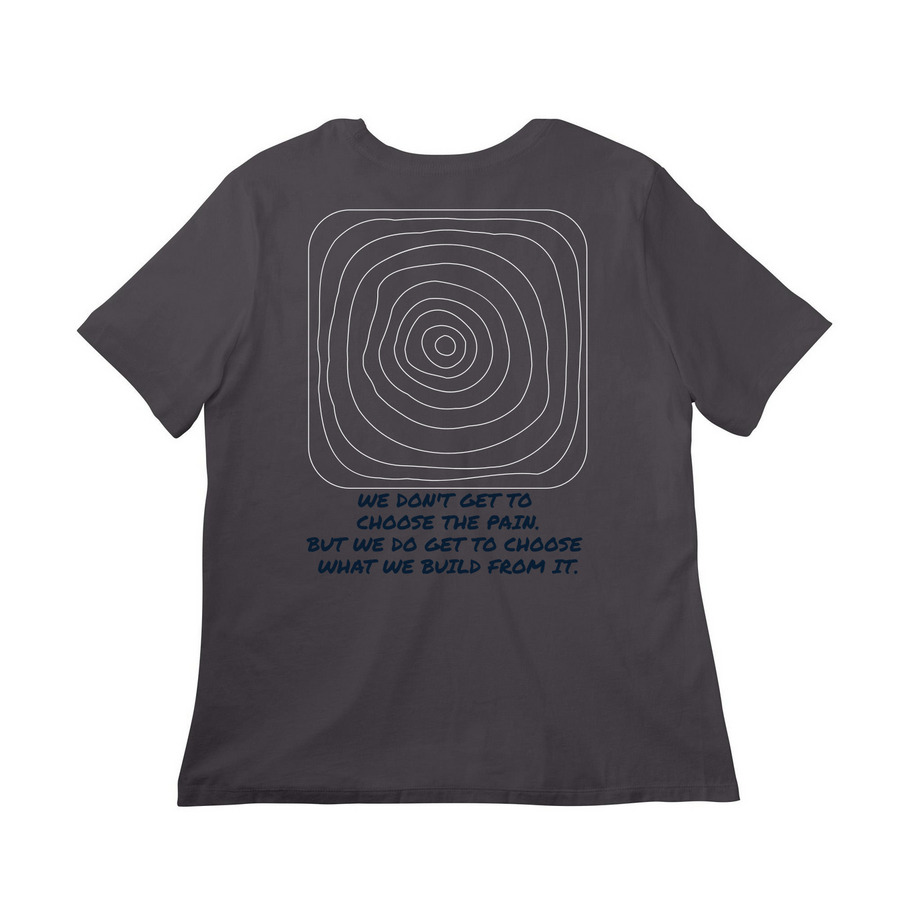 Trail Therapy Peace Found, a Dark Grey Women?s Relaxed Cotton Tee (back-view)