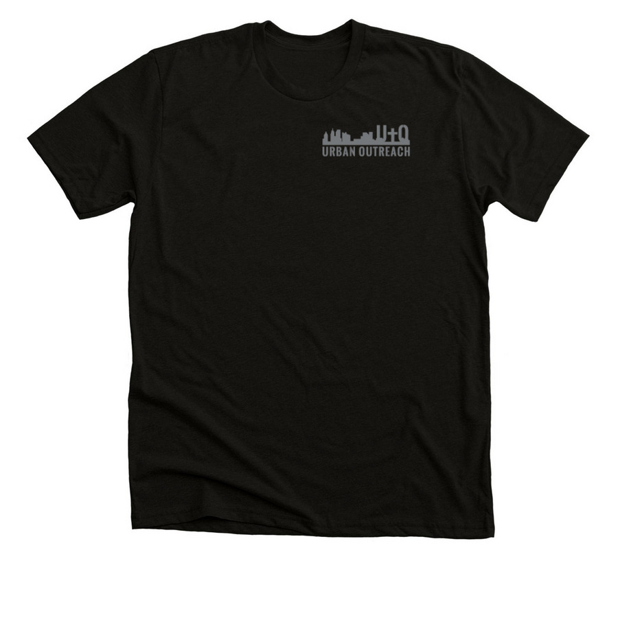 UO Grey Logo/ Pump N Run on back, a Solid Black Blend Premium Unisex Tee