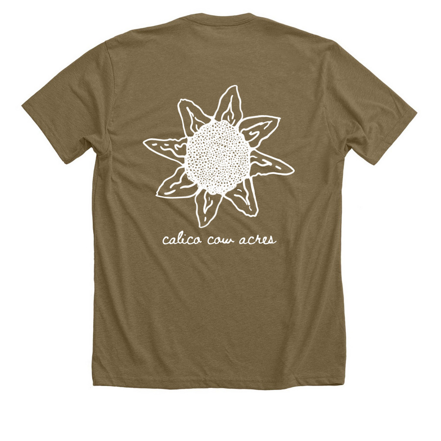 Front/Back Sunflower Logo, a Heather Olive Premium Unisex Tee (back-view)
