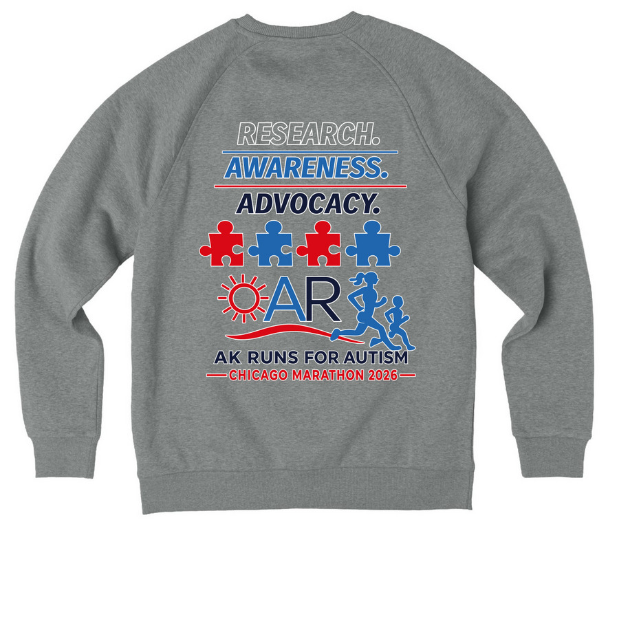 AK Runs for Autism, a Aluminum Grey Heather Allmade Organic CVC Crewneck Sweatshirt (back-view)