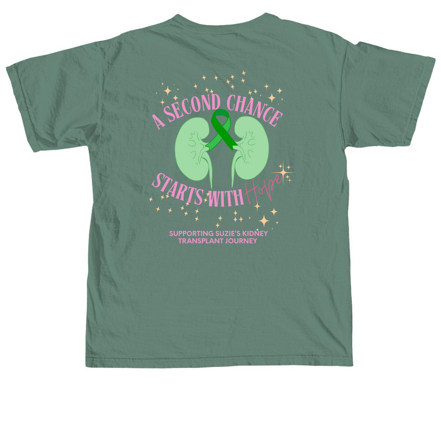 Suzie's Kidney Transplant Journey, a Light Green Comfort Colors Unisex Tee (back-view)