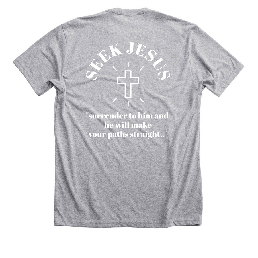 Seek Jesus. Put God first., a Athletic Heather Premium Unisex Tee (back-view)