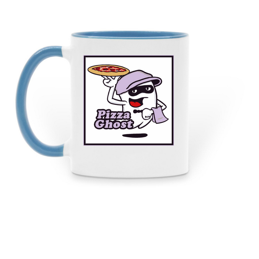 Greater Boston: Pizza Ghost Mug, a Light Blue Two-Tone Ceramic Mug (back-view)