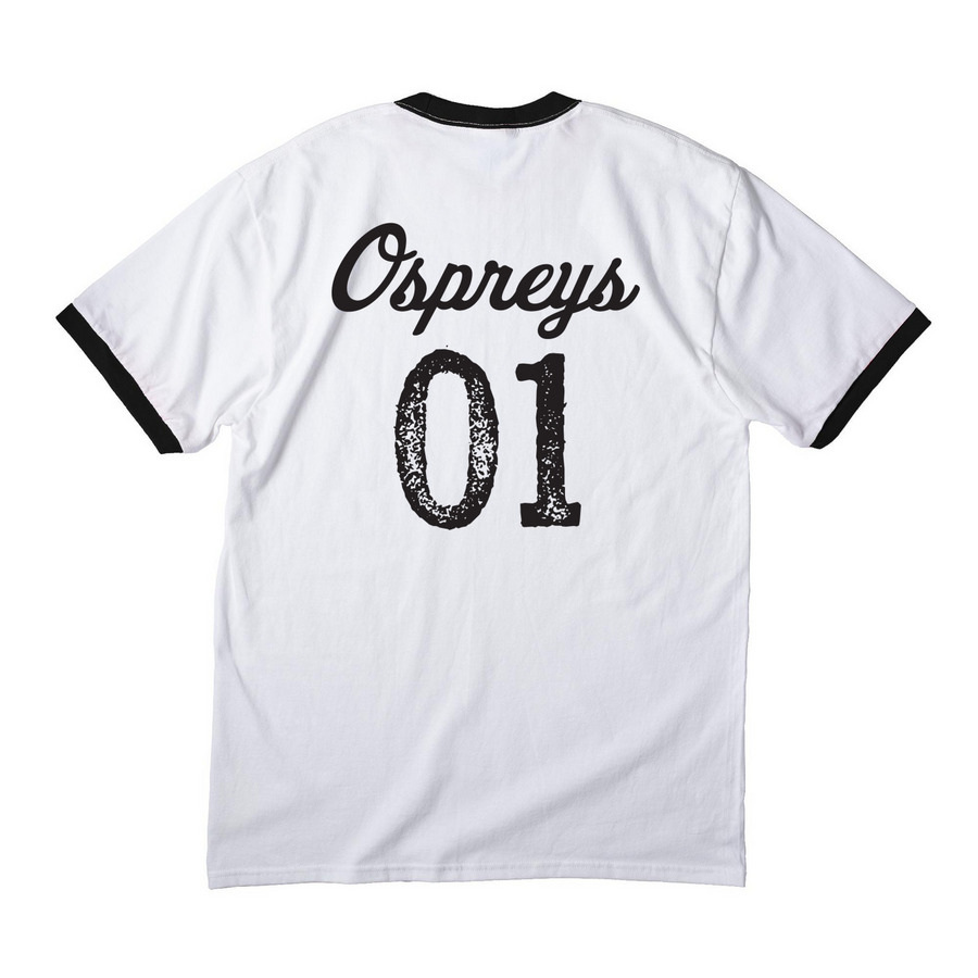 Ospreys 01, a White/ Jet Black Cotton Ringer Tee (back-view)