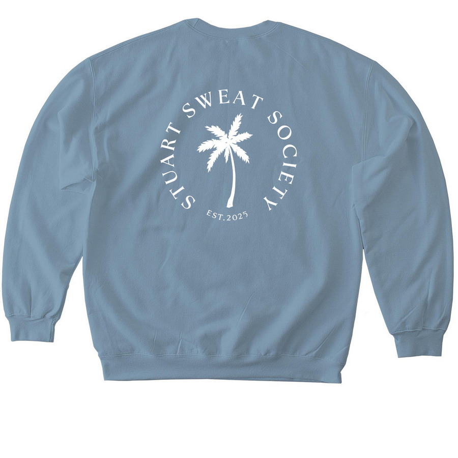 STUART SWEAT SOCIETY SIGNATURE SWEATSHIRT, a Stone Blue Softstyle Crewneck Sweatshirt (back-view)
