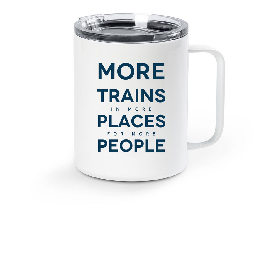 More Trains Travel Mug, a White Stainless Steel Travel Mug