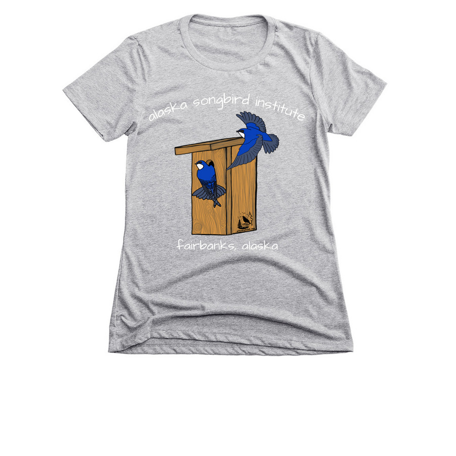 Tree Swallow logo items, a Dark Heather Grey Women's Slim Fit Tee
