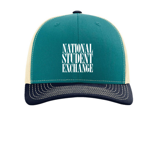 NSE trucker hat, a Blue Teal/ Birch/ Navy Printed Snapback Trucker Cap