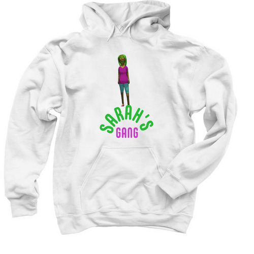 Green and Purple Sarah's Gang, a White Pullover Hoodie