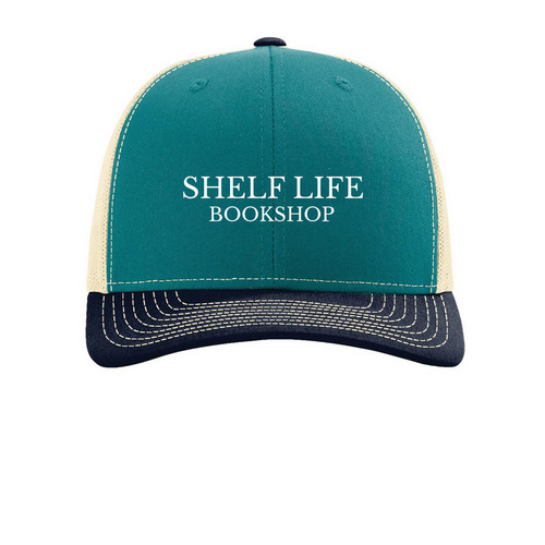 Shelf Life Trucker Hat, a Blue Teal/ Birch/ Navy Printed Snapback Trucker Cap