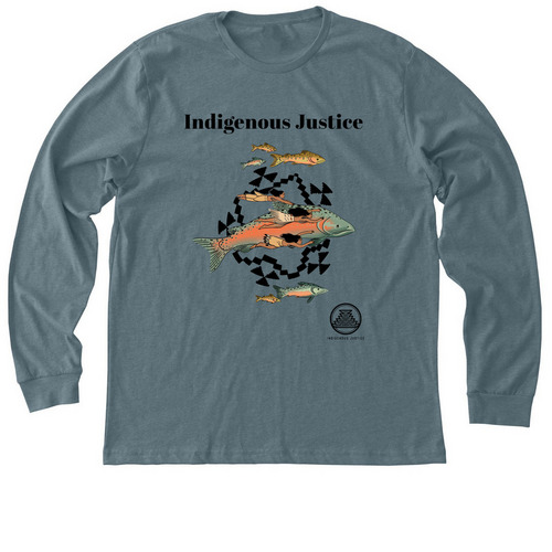 Youth Salmon Design, a Heather Slate Premium Long Sleeve Tee