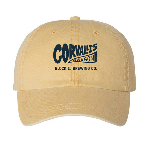 The Corvallis Collection - Dark Logo, a Mustard Printed Pigment Dye Baseball Cap