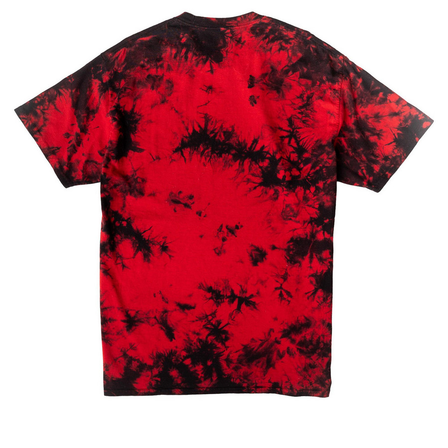 disservice dog (dark colors), a Black/ Red Crystal Tie Dye Tee (back-view)