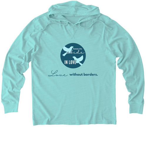 Abide in Love KC - Love without borders, a Saltwater Blue Allmade Organic Cotton Mineral Dye Hoodie Tee